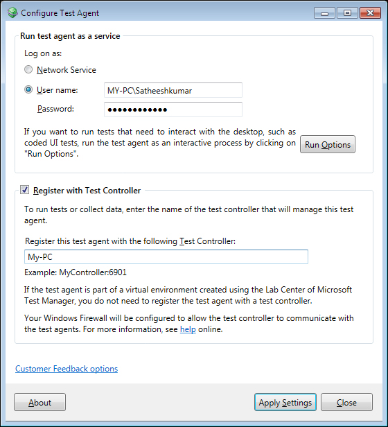 Test Controller and Test Agent Configuration