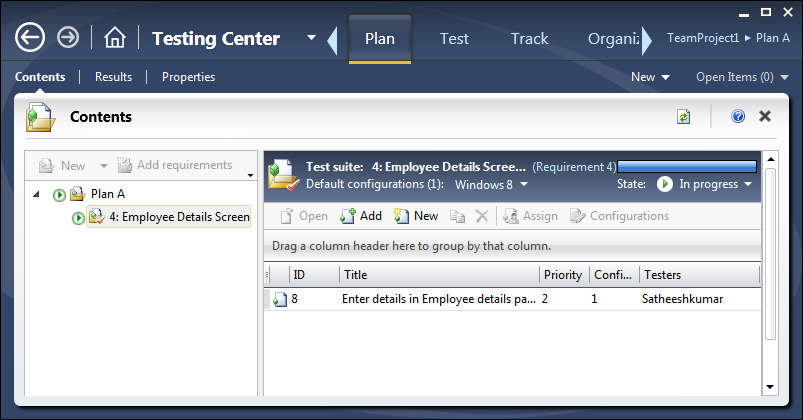 Testing Center – Plan tab