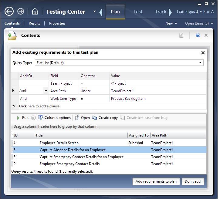 Testing Center – Plan tab