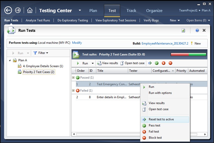 Testing Center – Test tab