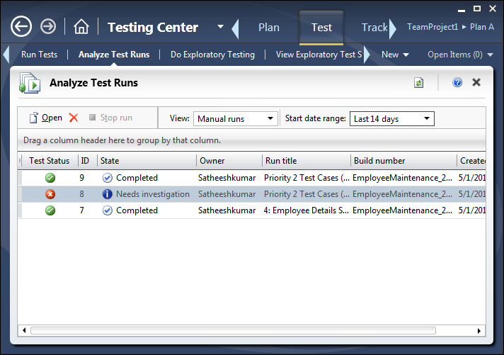 Testing Center – Test tab