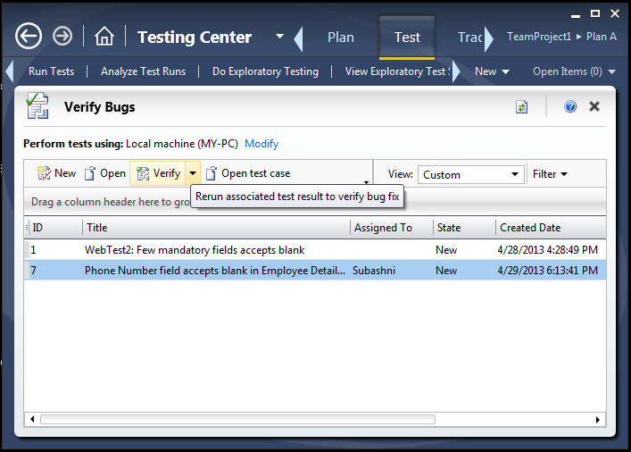 Testing Center – Test tab