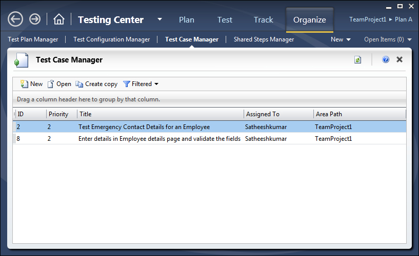 Testing Center – Organize tab