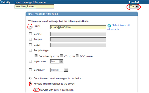 Applying a Level One message filter to a user