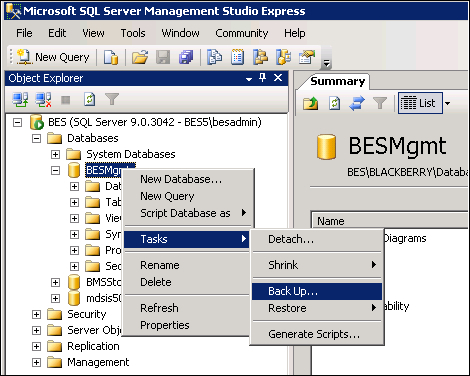 Backing up the BlackBerry configuration database on an SQL server