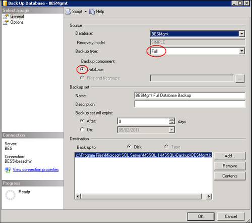 Backing up the BlackBerry configuration database on an SQL server