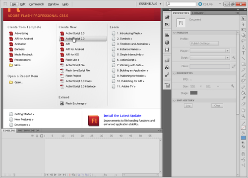 Time for action – creating a new Flash asset with Adobe Flash