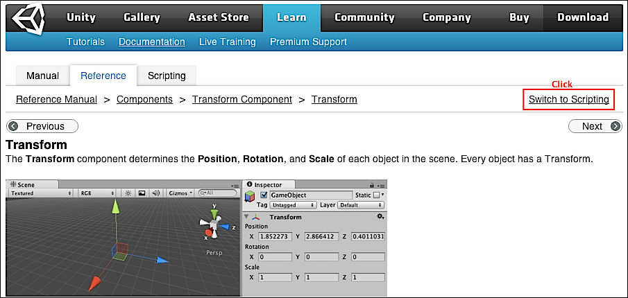 Time for action – opening the scripting reference documentation for the transform component