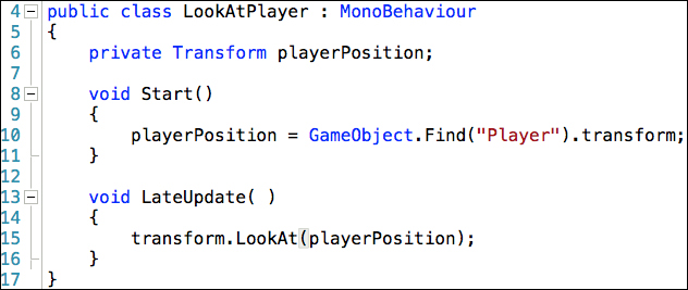 Time for actioning – attach the LookAtPlayer camera script