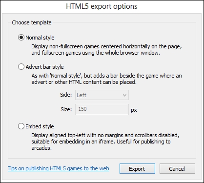 Choosing the template for your HTML5 export