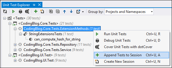 The Unit Test Explorer window