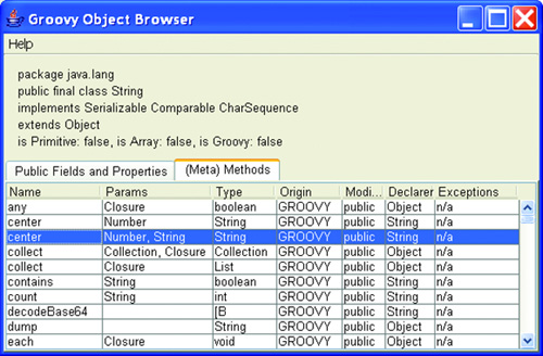 The Groovy Object Browser when opened on an object of type String, displaying the table of available methods in its bytecode and registered Meta methods