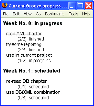 An HTML progress report of Groovy learning activities