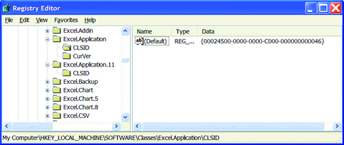 View of the Windows Registry, showing where Excel-related keys can be found