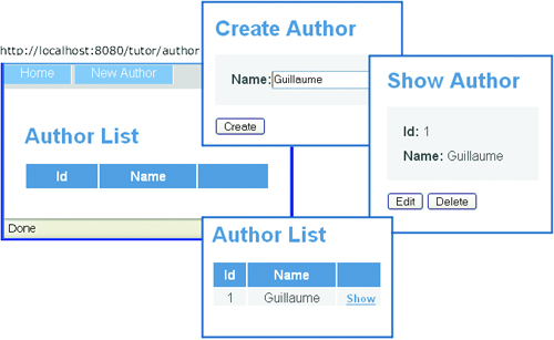 Screenshots of scaffolded views to list, create, show, edit, and delete Authors