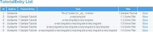 Scaffolded list view for tutorial entries showing bootstrapped data