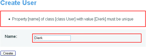 Validation error message when trying to create a new user with a name that already exists in the database