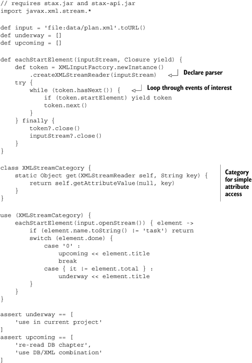 Using a StAX parser with Groovy