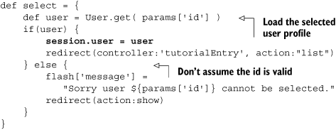 select action in UserController