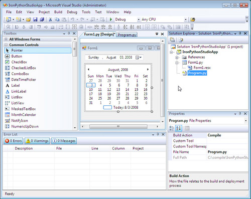 Using the Windows Forms designer with IronPython Studio running in Visual Studio 2008