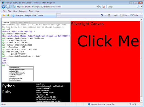 The Silverlight DLRConsole sample with a Python and Ruby Console