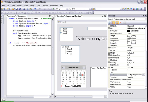 Visual Studio in designer mode, with an IronPython project. IronPython code is on the left, and control properties are on the right.