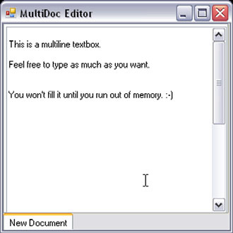 The first cut of the MultiDoc editor: a single tab page with a multiline text box