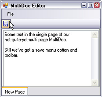 The MultiDoc Editor with Save and Save As commands, using a menu and a toolbar