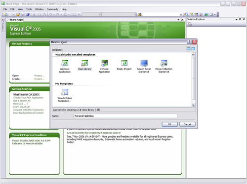 Creating a RenameTabDialog class library in Visual Studio Express