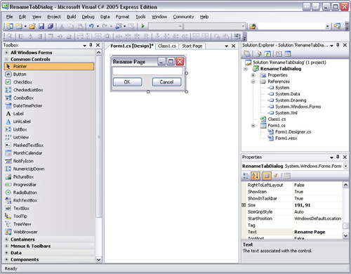 Designing the RenameTabDialog with the Visual Studio forms designer