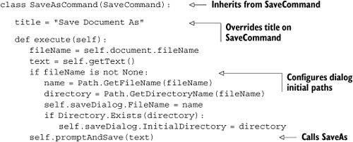 SaveAsCommand, which needs to override dialog title and execute method