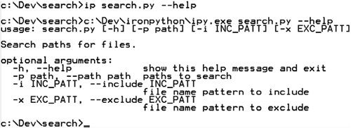 The help message generated for search.py by argparse