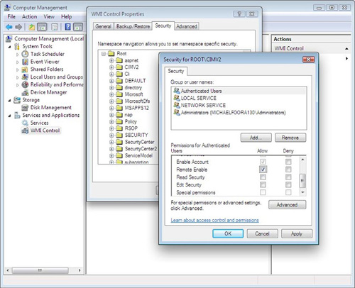 Configuring WMI access through Computer Management