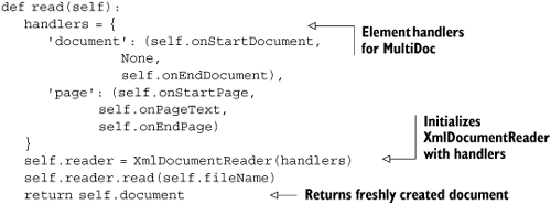 Setting up the handlers and calling XmlDocumentReader