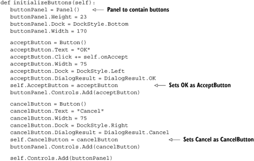 Creating, configuring, and laying out buttons for RenameTabDialog