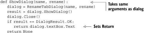 ShowDialog function displaying RenameTabDialog and returning result