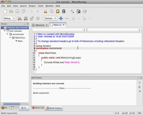 MonoDevelop on Mac OS X, editing a C# console project