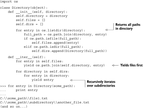 Directory class that supports iteration with a generator