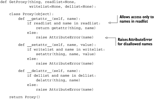 Attribute protection with a factory function and proxy class