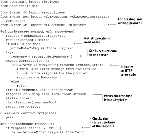 The notes service client: sendMessage