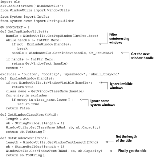 Automation code getting the top window title by calling into native functions