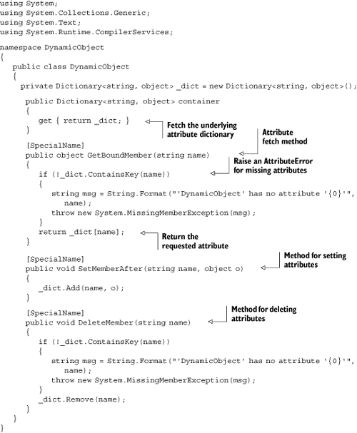 A C# class that allows dynamic attribute access from IronPython