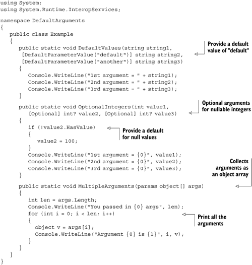 Methods with multiple arguments and default arguments from C#