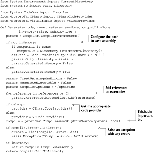 A function to compile, and save or return, assemblies from source code