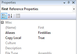 Part of the Properties window of Visual Studio 2008, showing an extern alias of FirstAlias for the First.dll reference