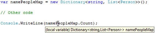 Hovering over the use of an implicitly typed local variable displays its type.