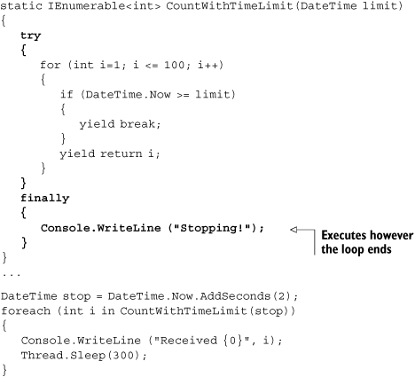 Demonstration of yield break working with try/finally