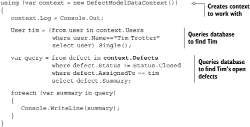 Querying the database to find all Tim’s open defects