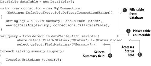 Displaying the summaries of open defects from an untyped DataTable