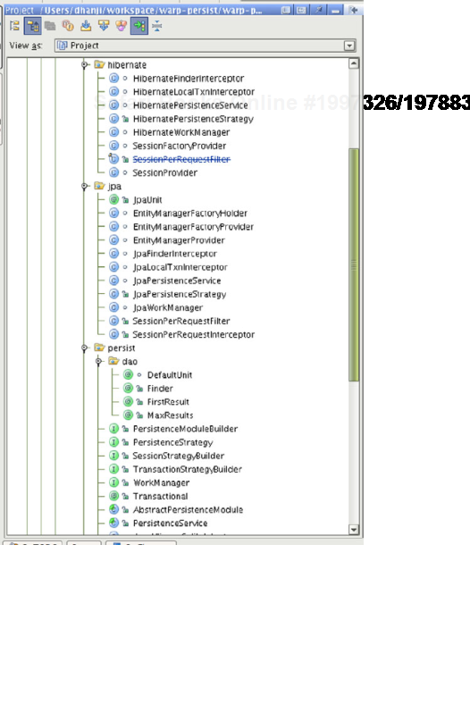 Screenshot of warp-persist's package tree (hollow bullets are packageprivate classes) 